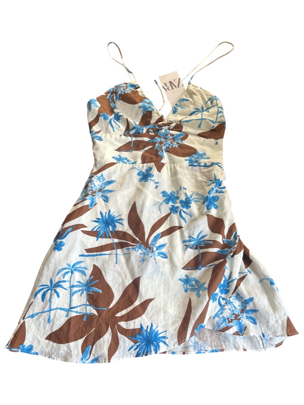 Zara Floral Linen Slip Dress in Blue & Brown